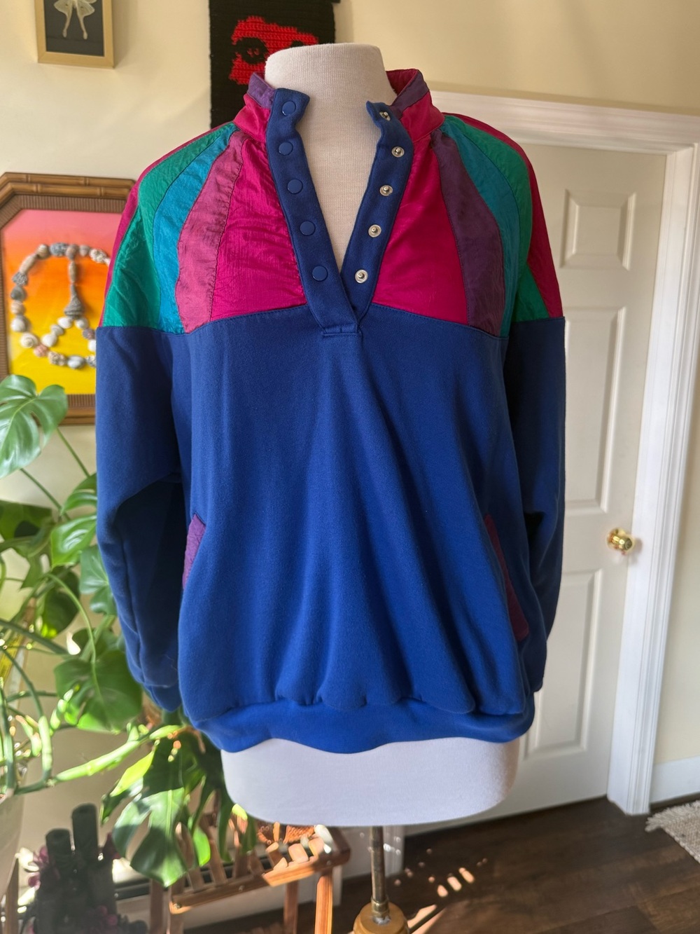Vintage 90’s Colorblock Pullover - Blue with Pink & Teal Accents